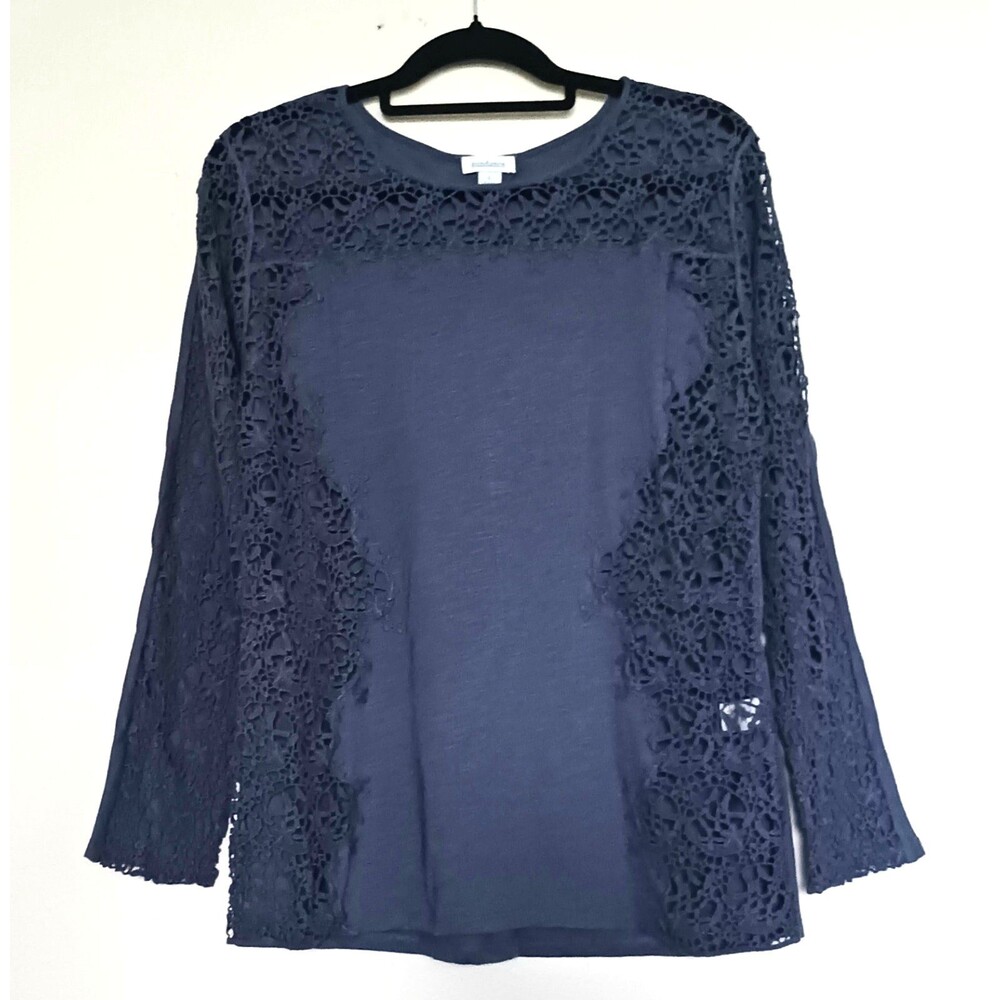 Sundance T Shirt Cotton Lace Sleeves Side Panels Blue Cotton Blend Sz L